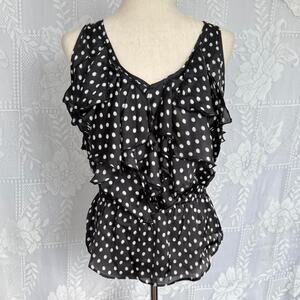 Vtg Black and White Polka Dot Milano ruffle blouse - preppy / indie / y2k